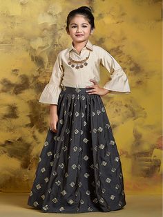 Black hue party raw silk indo western lehenga choli - G3-GCS0318 | G3fashion.com Girls Western Dresses, Indo Western Lehenga, Western Lehenga, Western Girl Outfits, Kids Lehenga Choli, Kids Party Wear Dresses, Kids Blouse