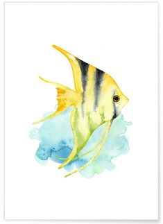 a watercolor painting of a yellow and black fish