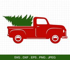 an old red truck with a christmas tree on the back is shown in green and white