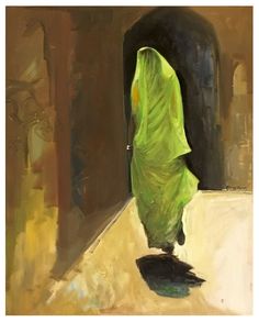 an oil painting of a woman in a green dress walking into a dark tunnel with her back to the camera