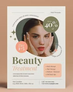 a flyer for a beauty salon with an image of a woman's face on it