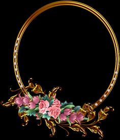 a gold circular frame with flowers and pearls on the edges, set against a black background