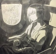 a drawing of a woman sitting on an airplane