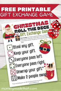 a printable christmas roll the dice game with santa clause on it and red dices