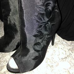 Uk Size 7, Us 8.5 Heel Height Approximately 4.5” Simmi London Florence Brown Black Satin Floral Embroidered Peep Toe Boots New, Never Worn Evening Open Toe Fitted Boots, Fitted Evening Boots With Open Toe, Fitted Open Toe Evening Boots, Elegant Open Toe Spring Boots, Formal Summer Ankle Boot Heels, Spring Evening Boots With Closed Toe, Spring Evening Closed Toe Boots, Open Toe Evening Boots For Spring, Spring Evening Open Toe Boots