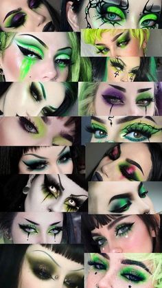 Green Gothic Eye Makeup, Makeup Looks Glam Colorful, Green Vampire Makeup, Goth Pink Eyeshadow, Green Scene Makeup, Green And Black Goth Makeup, Alternative Green Makeup, Cybergoth Makeup Eyes, Cold Face Makeup