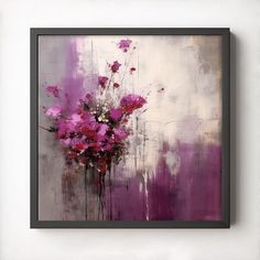 an abstract painting with pink flowers in a vase