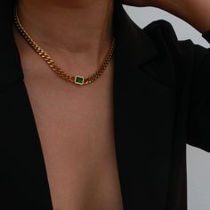 This necklace will give you an effortless chic look whether you wear a blazer or a dress. 18k gold plated Stainless steel base Waterproof and tarnish resistant Chain measures 5mm in width Necklace measures 16"+2" extender Gemstone measures 9mm*7mm Gold Inspo, Real Gold Chains, Emerald Gem, Curb Chain Necklace, Stacked Necklaces, Emerald Cut Rings, Bangles Jewelry Designs, Gold Jewelry Necklace, Classy Jewelry