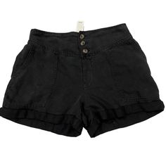 Aerie Black Linen High Waisted Button Up Elastic Shorts With Pockets M Casual Beach Bottoms With Buttons, Casual Black Button-up Bottoms, Casual Black Bottoms With Button Closure, Casual Black Shorts With Button Closure, Black High-waisted Shorts With Button Closure, Aerie Shorts, Elastic Shorts, Cotton Viscose, Stretch Shorts