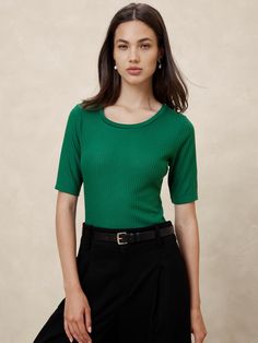 Sheer Ladder Ribbed Top | Banana Republic Factory Elegant Solid Ribbed Top, Elegant Ribbed Top, Green Ribbed Tops For Work, Green Ribbed Tops For Workwear, Fitted Green Ribbed Knit Top, Green Ribbed Knit Top For Spring, Solid Knit Top With Ribbed Neckline For Spring, Solid Ribbed Knit Top For Layering, Spring Ribbed Stretch Knit Top