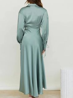 Tavimart Tie Up Satin Dress Women Elegant Lapel Split Long Sleeve Wrap Robe Autumn Fashion High Waist Banquet Party Dress Green Long Sleeve Midi Dress For Formal Events, Spring Green Long Sleeve Formal Dress, Green Long Sleeve Dress For Spring Formal, Green Long Sleeve Formal Dress For Spring, Maxi Dress Satin, Blanket Dress, Mesh Panel Dress, Dress Shirt Dress, Midi Dress Fall