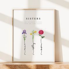 three flowers are arranged in the shape of letters on a white background, with text below them that reads sisters and different flowers from the same garden