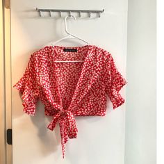 White Fox Boutique Red Floral Wrap Crop Top Blouse Only Worn Once! In Brand New Condition! Chic Red Blouse For Vacation, Red Summer Blouse For Brunch, Spring Brunch Red Blouse, Red Blouse For Spring Brunch, Red Summer Blouse With Floral Print, Red Floral Print Blouse For Summer, Red V-neck Blouse For Day Out, Red Floral Print Blouse For Vacation, Vacation Red Short Sleeve Blouse