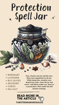 a poster with the words protection spell jar in black and white, surrounded by various herbs