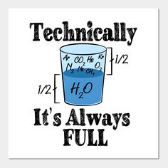 a poster with the words technically it's always full and a glass filled with blue liquid