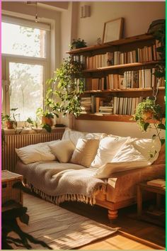 a living room filled with lots of furniture and bookshelves next to a window