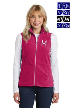 "Monogram Ladies Microfleece Vest - Personalized Ladies Vest - Plus Size Vest - L226 Add a layer of warmth with our extra soft, cozy microfleece vest. Lightweight, with an anti-pill finish, this cool-weather essential is also easy on the budget. 7.5-ounce, 100% polyester microfleece 100% polyester tricot pockets Gently contoured silhouette Clear coil zipper with dyed-to-match chain stitching and taping; grey chain stitching on White Non-zippered front pockets Open hem **The white shirt underneat Plus Size Vest, Boys Gymnastics, Vest Plus Size, Ladies Vest, Embroidered Bird, Bernie Sanders, Chain Stitch, Sports Shirts, Unisex Shirt