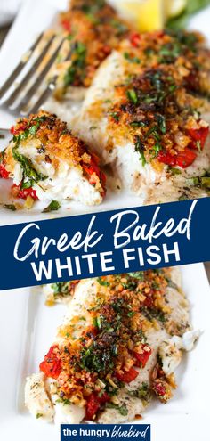 greek baked white fish on a plate with lemon wedges and parsley garnish