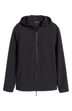 Lightweight and water-resistant, this jacket made of a stretchy nylon blend sports a soft hood and a fit that layers easily into your cool-weather wardrobe. Drawcord-toggle hood Water-resistant 78% nylon, 22% spandex Machine wash, dry flat Imported Technical Nylon Hooded Jacket, Technical Nylon Outerwear With Drawstring Hood, Black Nylon Athleisure Hooded Jacket, Black Nylon Hooded Jacket Athleisure, Black Hooded Windbreaker In Recycled Polyester, Technical Hooded Nylon Outerwear, Technical Nylon Hooded Outerwear, Stretch Nylon Techwear Outerwear, Versatile Hooded Nylon Outerwear