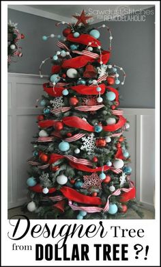 a christmas tree decorated with red, white and blue ornaments is featured in this post