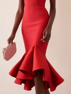 Red Boat Neck Sleeveless Midi Formal Flounce Dress Mermaid Midi Dress, Boat Neck Dress, Flounced Dress, Pitcairn Islands, Guinea Bissau, British Indian, Bride Dress, Boat Neck, Special Occasion Dresses