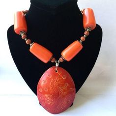 Orange Wood & Plastic NECKLACE 22.5 Inches Long 111g Metal Necklace With Large Beads For Gift, Costume Jewelry Long Necklace With Large Beads, Costume Jewelry Metal Necklace With Polished Beads, Costume Jewelry Necklaces With Polished Beads, Large Beads Pendant Necklace, Adjustable Pendant Necklace With Large Beads, Polished Beads Costume Jewelry Necklace, Large Beads Pendant Necklace For Jewelry Making, Handmade Long Costume Jewelry Necklace