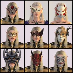 many different masks are shown in multiple pictures, including the woman's face and head