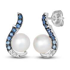 Lustrous freshwater cultured pearls are embraced by gentle curves of succulent ombre natural Blueberry Sapphires® in these impeccable women's earrings from Le Vian®. Fashioned in 14K Vanilla Gold®, the earrings secure in place with friction backs. Le Vian®. Discover the Legend. Bridal Jewelery, Bridal Earrings Drop, Le Vian, Freshwater Pearls Earrings, Blue Jewelry, Freshwater Cultured Pearls, Natural Sapphire, Cultured Pearls, Bridal Earrings