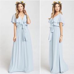 two pictures of a woman wearing a blue dress with a flower crown on her head