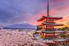 the pagoda is surrounded by blooming cherry trees and mountain in the background at sunset