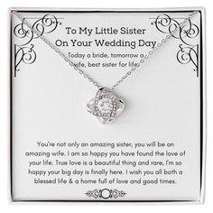 a necklace with the message to my little sister on your wedding day