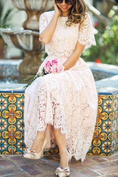 Short Sleeves Princess Ankle-length Summer Homecoming Dresses | Babyonlinewholesale Short Sleeve Prom Dresses, Blush Lace Dress, Prom Dresses With Sleeves, Prom Dresses Lace, Looks Chic, Lace Midi Dress, Petite Fashion, Trendy Dresses, Guest Dresses