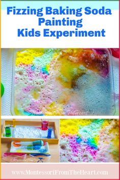 the process for making fizziing soda painting kids's experiment is shown here