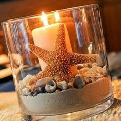 a candle that is sitting in a glass bowl with sand and shells on the table