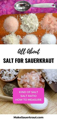 salt for sauerkraut in spoons on a wooden table with text overlay