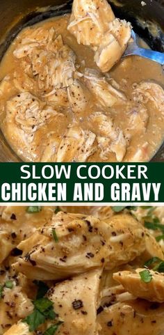 slow cooker chicken and gravy in a crock pot with text overlay