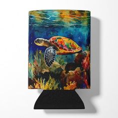 a painting of a sea turtle swimming in the ocean with corals and other marine life