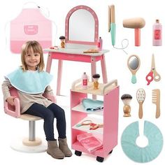 Findmirrors.com My Hair Salon Wooden Playset - Adorable play center for kids, girls and boys. Great for little ones interested in hair styling! Hair Dresser - Let your child act out all aspects of running a salon! Makeup Table With Mirror, Wooden Play Set, Kids Hair Salon, Blow Dryer Brush, Vanity Makeup Table, Dryer Brush, Wooden Playset, Kids Vanity, Rolling Cart