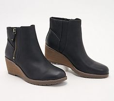 This cool ankle boot will be your go-to style this fall. The outside zipper makes for easy on/off wear and the stacked wedge heel provides all-day comfort and walkability. From Dr. Scholl's. Casual Wedge Boots With Stacked Heel For Fall, Fall Ankle Wedge Boots With Zipper Closure, Casual Wedge Ankle Boots With Stacked Heel, Casual Wedge Boots With Zipper Closure And Round Toe, Casual Wedge Boots With Zipper Closure, Black Honey, Dr. Scholl's, On Off, Wedge Heels