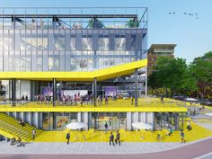 an artist's rendering of a yellow building with stairs and people walking around it