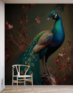 a peacock standing on top of a wooden chair in front of a wall with flowers