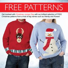 two people wearing ugly christmas sweaters with reindeer and snowman on them, the one in red is for free patterns