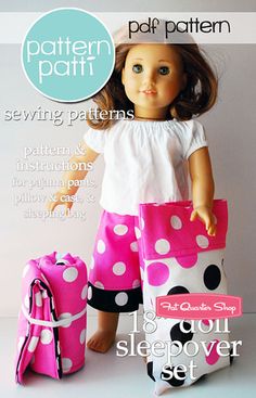 a doll with a pink and black polka dot bag