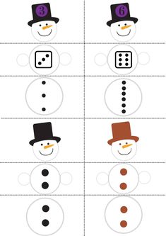 four snowmen with different hats and numbers to make them look like they're ready for