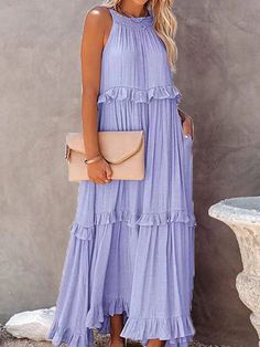 Bring out your inner boho goddess with this Boho Ruffle Pullover Summer Maxi Dress. Crafted from lightweight fabric, this dress offers a comfortable fit that is perfect for summer days. The pullover design and a-line silhouette are flattering and feminine. The ruffle detail adds an extra touch of style, and the dress is available in multiple colors to suit any occasion or aesthetic. Whether you're dressing for a casual day out or for a night on the town, this maxi dress will have you looking eff Ruffle Long Dress, Loose Summer Dress, Tie Up Dress, Long Dresses Elegant, Dress Women Elegant, Ankle Length Dress, Exclusive Dress, Printed Long Dresses, Maxi Robes