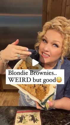 blonde brownies weird but good food is in the bowl with her mouth wide open