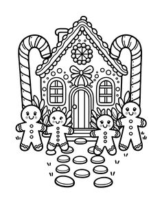 gingerbread house with candy canes and candies on the lawn coloring page for kids