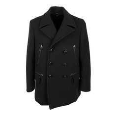 Tom Ford coat in black, featuring a double-breasted design with a lapel collar. It has two vertical pockets with leather piping, a unique and elegant detail that adds a touch of luxury to the jacket and two pockets with flaps. The jacket has a padded lining made of polyester and mix of cotton ad cupro. Remarks: The label on the neck is slightly washed off. Shoulder:48;Sleeve:66;Width:55;Length:85 Material: 100% Wool Double Breasted Vest, Tom Ford Handbags, Windproof Jacket, Gareth Pugh, Belted Coat, Double Breasted Jacket, Double Breasted Coat, Striped Blazer, Lapel Collar