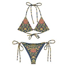 Stay comfortable and stylish all summer with this All-Over Print Recycled String Bikini set. It's made from soft recycled polyester with double-layering and UPF 50+. Style the straps how you like and get ready to swim!  * Soft and stretchy material with UPF 50+ * Sizes up to 6XL * Bikini top comes with removable padding for comfort * Multiple ways to tie and style the bikini set Disclaimers:  * Due to the 2-layered construction and internal stitching, a visible stitch may appear in the crotch seam of the bikini bottom. This is a normal part of the manufacturing process and does not impact the quality or performance of the product. * To make your All-Over Print Recycled String Bikini last longer, thoroughly rinse it off after each use and get rid of any chlorine/salt residue. Tropical Print Swimwear For Vacation Festival, Printed Tie-side Bottom Swimwear, Tropical Print Beachwear Swimwear For Festival, Printed Triangle Top Swimwear For Beach, Bohemian Tropical Print Swimwear For Pool, Bohemian Tie-side Swimwear For Beach Party, Tropical Print Beachwear For Festival, Adjustable Printed Swimwear For Poolside, Beachy Printed Swimwear For Festivals