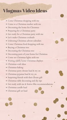 a pink and gold christmas video idea sheet with polka dots on the bottom, text below